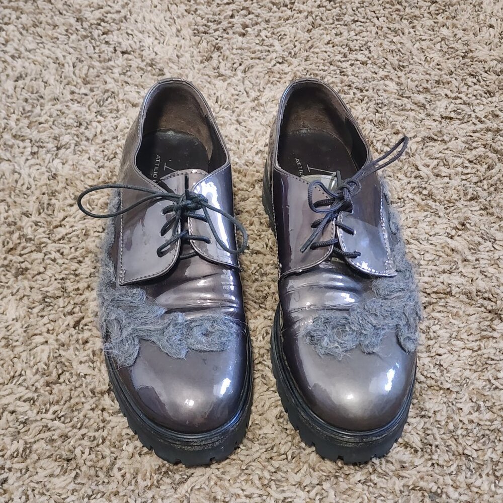 AGL Women's Oxfords Lace-Up Chunky Black Sole 6.5 Metallic Shiny Goth Witchy - Picture 2 of 11